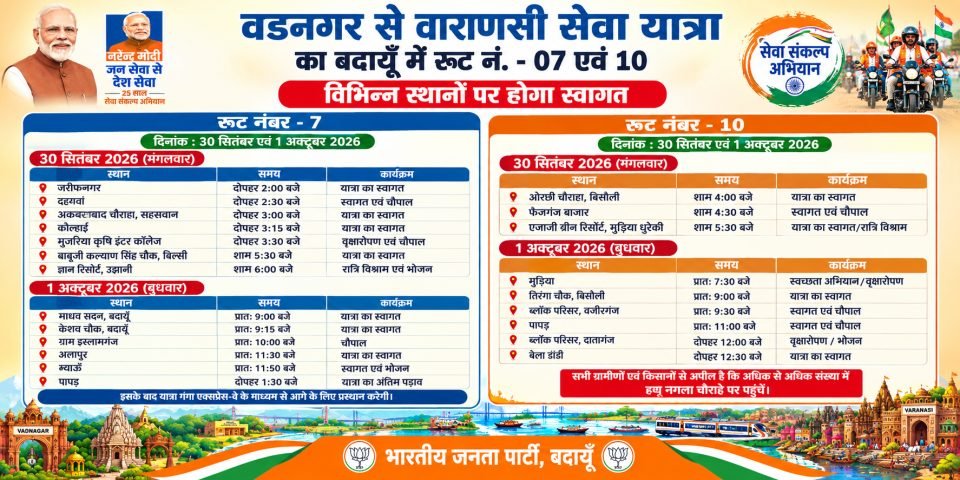 30 सितंबर और 1 अक्टूबर को बदायूं से गुजरेंगी वडनगर-वाराणसी सेवा यात्राएं, कई जगह होंगे कार्यक्रम - फोटो 2
