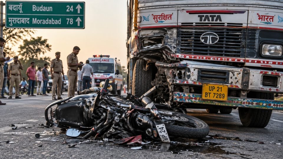 बदायूं-मुरादाबाद हाईवे पर ट्रक और बाइक की टक्कर में दो लोग घायल