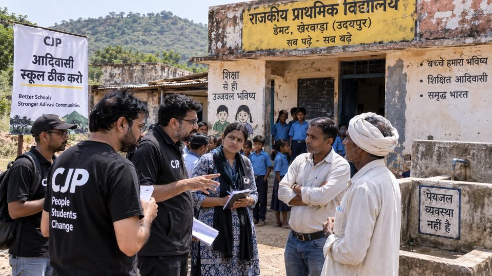 खेरवाड़ा के आदिवासी स्कूलों का निरीक्षण करती CJP की टीम